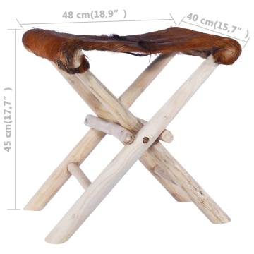 Folding Stool - Real Leather & Solid Teak Wood | Hipo Market