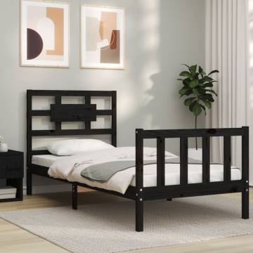 Black Bed Frame with Headboard - 100x200 cm Solid Wood