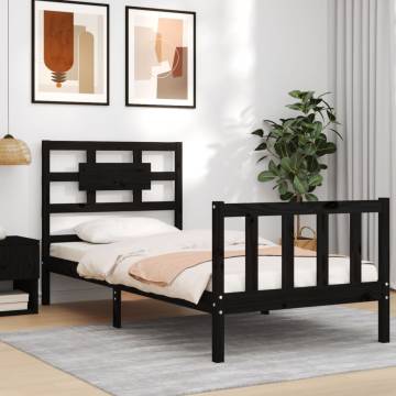 Black Bed Frame with Headboard - 100x200 cm Solid Wood