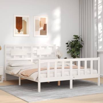 White Solid Wood Bed Frame with Headboard 160x200 cm | Hipo Market UK