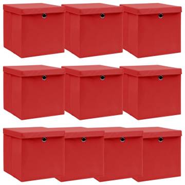 10 Red Fabric Storage Boxes with Lids - 32x32x32 cm