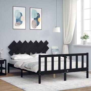 Black Bed Frame with Headboard 140x200 cm - Solid Wood