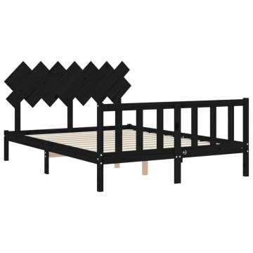 Black Bed Frame with Headboard 140x200 cm - Solid Wood