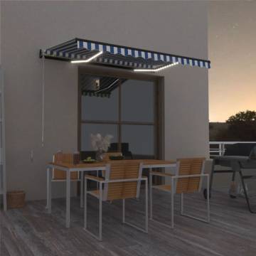 Manual Retractable Awning with LED - 400x300 cm - Blue & White