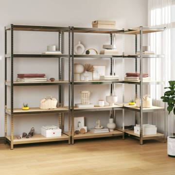 5-Layer Shelves - Silver Steel & Engineered Wood Storage (3 pcs)