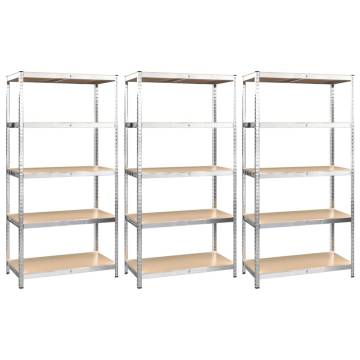 5-Layer Shelves - Silver Steel & Engineered Wood Storage (3 pcs)