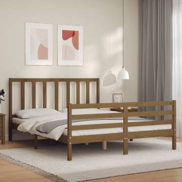 Honey Brown King Size Bed Frame with Headboard - Solid Wood