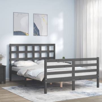 Grey Bed Frame with Headboard - Solid Wood 140x190 cm