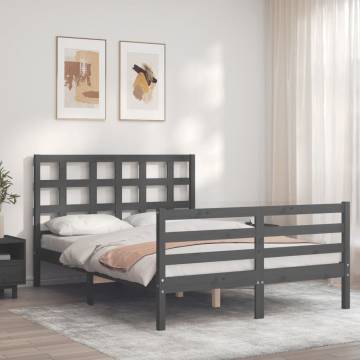 Grey Bed Frame with Headboard - Solid Wood 140x190 cm