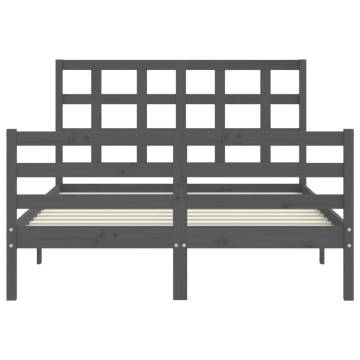 Grey Bed Frame with Headboard - Solid Wood 140x190 cm