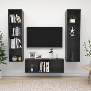 3 Piece High Gloss Grey TV Cabinet Set - Stylish Storage Solution