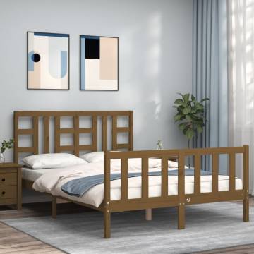 Honey Brown King Size Bed Frame with Headboard - Solid Wood