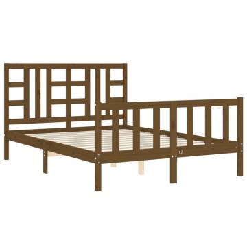 Honey Brown King Size Bed Frame with Headboard - Solid Wood