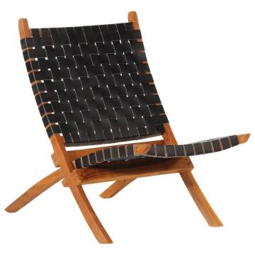 Folding Relaxing Chair - Black Real Leather Comfort