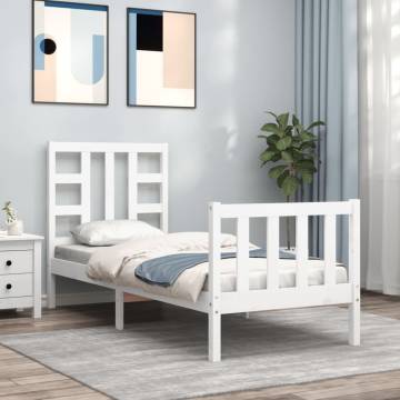 White Small Single Bed Frame with Headboard - Solid Wood