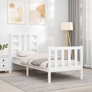 White Small Single Bed Frame with Headboard - Solid Wood