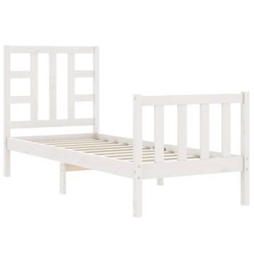 White Small Single Bed Frame with Headboard - Solid Wood