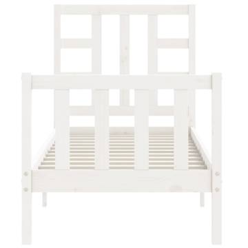 White Small Single Bed Frame with Headboard - Solid Wood