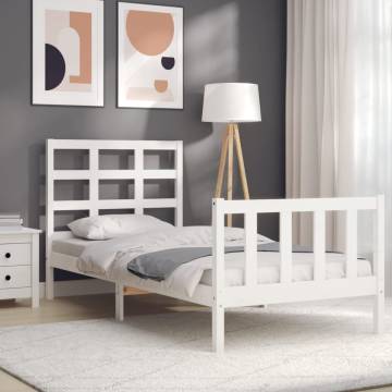 Solid Pine Wood Bed Frame with Headboard - Small Single White