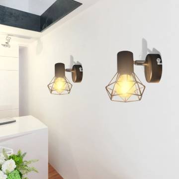 2 Black Industrial Wire Frame Wall Sconces with LED Bulbs