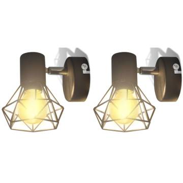 2 Black Industrial Wire Frame Wall Sconces with LED Bulbs