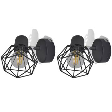 2 Black Industrial Wire Frame Wall Sconces with LED Bulbs