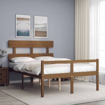 Honey Brown Double Bed Frame with Headboard - Solid Wood