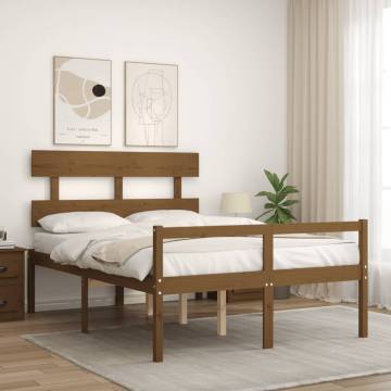 Honey Brown Double Bed Frame with Headboard - Solid Wood