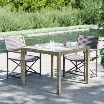 Stylish Garden Table 90x90cm - Grey Poly Rattan & Glass