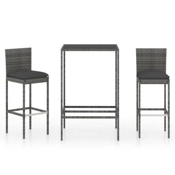 3 Piece Garden Bar Set with Cushions - Poly Rattan Grey