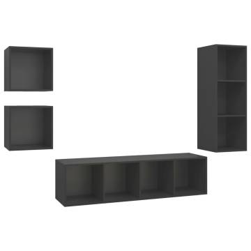 4 Piece Grey Engineered Wood TV Cabinet Set - Stylish & Practical