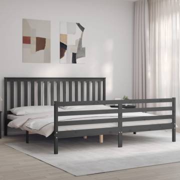 Grey Bed Frame with Headboard 200x200 cm | Solid Wood