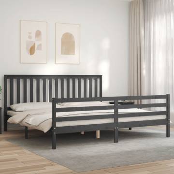 Grey Bed Frame with Headboard 200x200 cm | Solid Wood