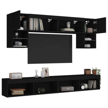 6 Piece TV Wall Units with LED - Black Engineered Wood