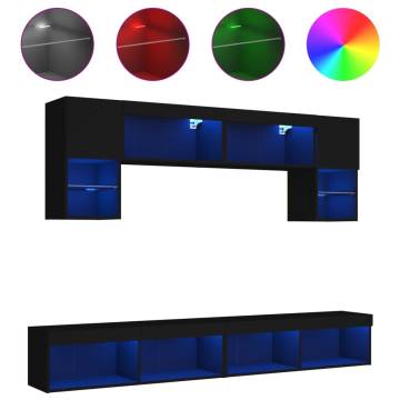 6 Piece TV Wall Units with LED - Black Engineered Wood