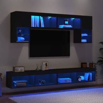 6 Piece TV Wall Units with LED - Black Engineered Wood