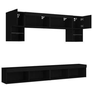 6 Piece TV Wall Units with LED - Black Engineered Wood