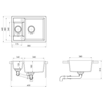 Black Granite Double Basin Kitchen Sink with Overflow Hole