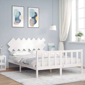 White King Size Bed Frame with Headboard - Solid Wood