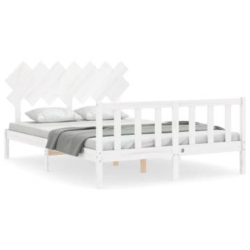 White King Size Bed Frame with Headboard - Solid Wood