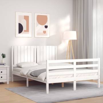 White Bed Frame with Headboard 140x190 cm - Solid Wood