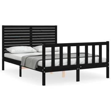 Black Bed Frame with Headboard - 140x200 cm Solid Wood