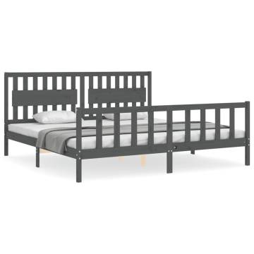 Grey Bed Frame with Headboard - Solid Wood 200x200 cm