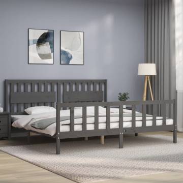 Grey Bed Frame with Headboard - Solid Wood 200x200 cm