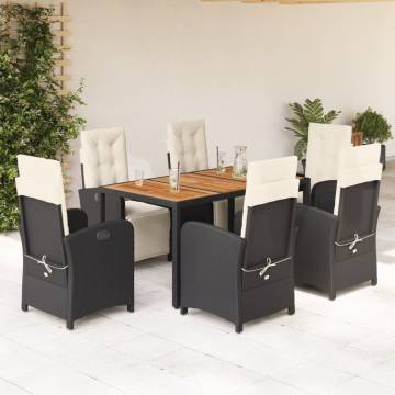 7 Piece Garden Dining Set with Cushions - Black Poly Rattan