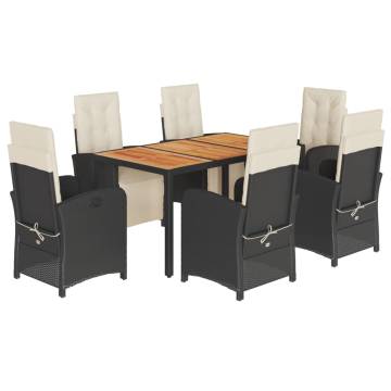 7 Piece Garden Dining Set with Cushions - Black Poly Rattan