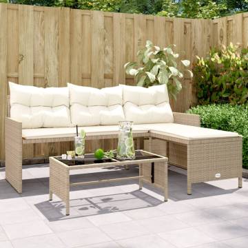 L-Shaped Garden Sofa with Table & Cushions - Beige Poly Rattan