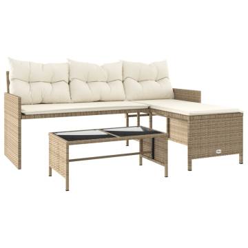 L-Shaped Garden Sofa with Table & Cushions - Beige Poly Rattan