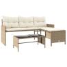 L-Shaped Garden Sofa with Table & Cushions - Beige Poly Rattan