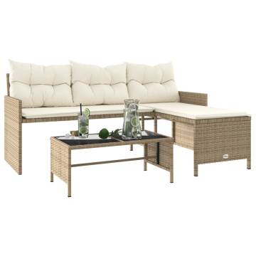 L-Shaped Garden Sofa with Table & Cushions - Beige Poly Rattan